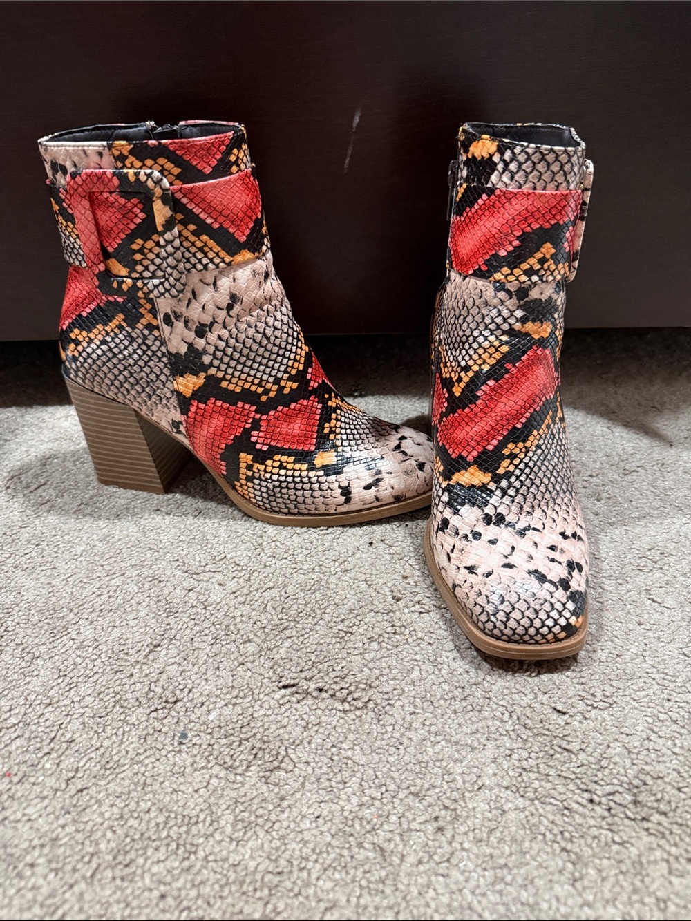 Pierre Dumas Red Snake-Print Block Heel Booties-worn once